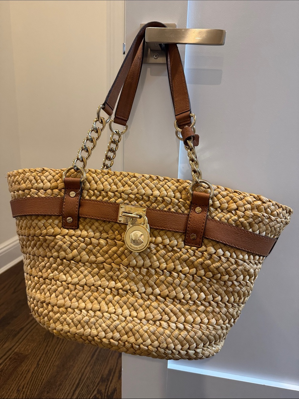 Michael Kors Straw Tote with Brown Leather Trim & Gold Hardware